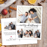 Snyggt Script Collage Family Photos jul Vykort<br><div class="desc">Minimalistiskt, Snyggt Elegant Calligraphy Black and White 4 Photo Collage "God jul" Script Helgdag jul PostCard. Den här snygga, enkla fyra (4) fotokortmallen innehåller en söt fotokollage och säger "God jul"! helgdag! Texten "God jul" hälsning är skriven i en vacker, handskriven, vit, snabb, svan-typsnitt i svart på vit färg-bakgrund. På...</div>