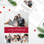Snyggt Script Family Photo Collage Red jul Vykort<br><div class="desc">Snyggt Minimalist Elegant Calligraphy Red and White 4 Photo Collage "God jul" Script Helgdag Photo PostCard. Den här snygga, enkla fyra (4) fotokortmallen har en fin fotokollage och säger "God jul"! Texten "God jul" hälsning är skriven i ett vackert handskrivet, viskött, snabbt och färdigt, svan-typsnitt i vitt på hettens djupa...</div>