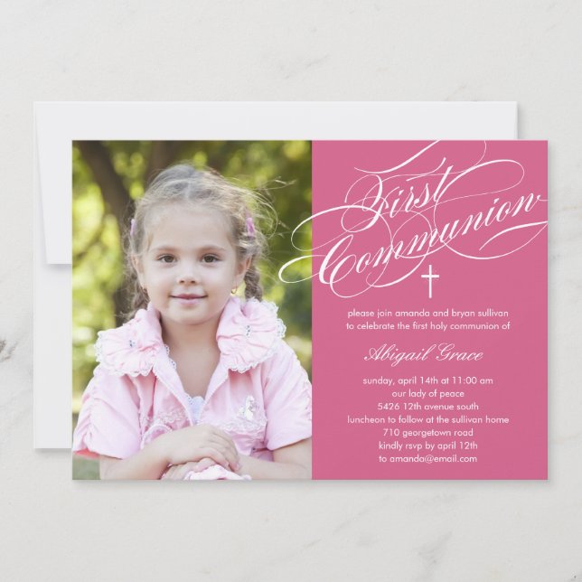 Snyggt Script First Communion Call - Rosa Inbjudningar (Framsida)