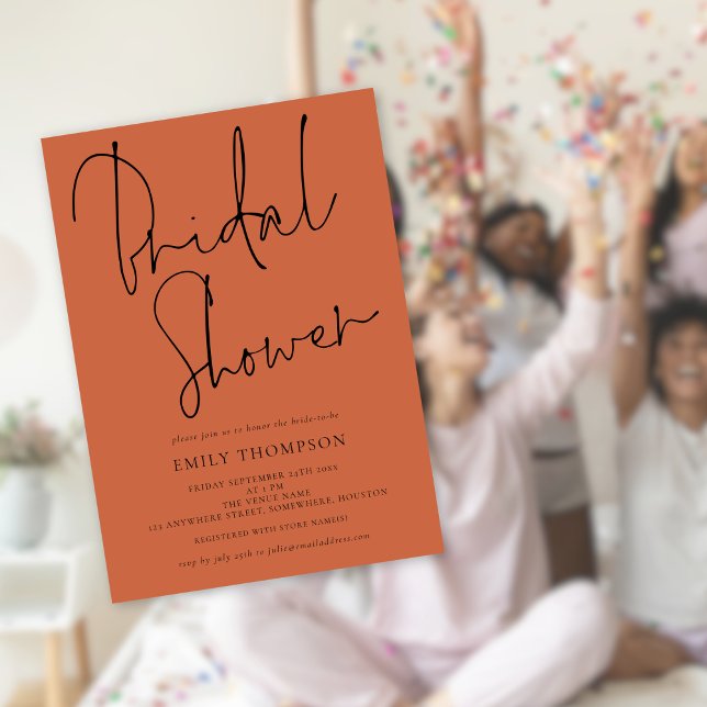 Snyggt Script Terracotta Inbjudningskort för möhip (Available digitally or printed)