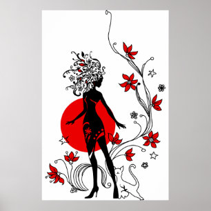 Snyggt silhuett av elegant kvinna med söt katt poster