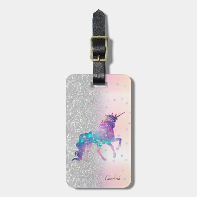 Snyggt Silver Glitter Bokeh, Unicorn,Stars Bagagebricka (Vertikal Framsida)