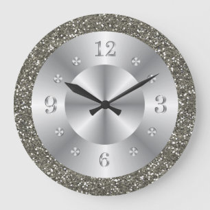 Snyggt Silver Glitter metalliskt Grått Shiny-tal Stor Klocka