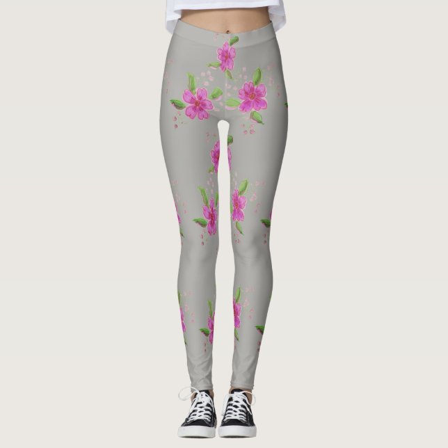 Snyggt Silver Grått-legeringar med Blommönster Leggings (Framsida)