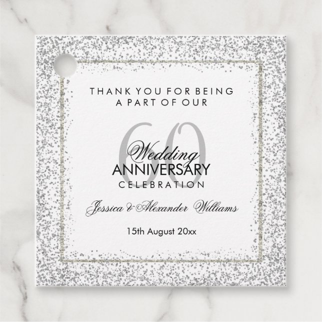 Snyggt Silver Konfetti 60:e Bröllop Tack Gåvor Etiketter (Framsida)