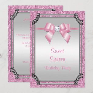 Snyggt Silver Ram & Rosa Posh Gem Bow Sweet 16 Inbjudningar