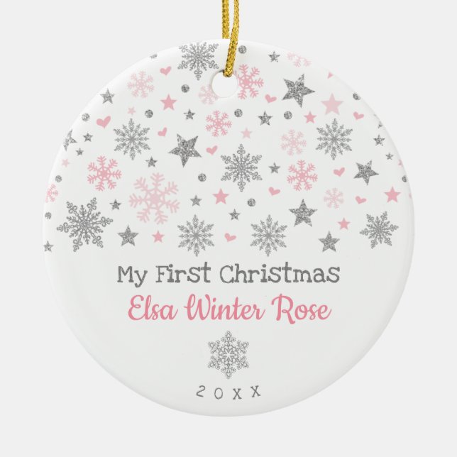 Snyggt Silver Rosa Snowflake Baby Första jul Julgransprydnad Keramik (Framsidan)