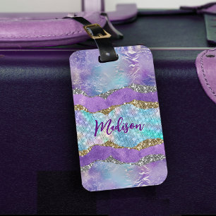 Snyggt sjöjungfru glittery Lila turkos monogram Bagagebricka
