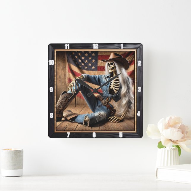 Snyggt Skeleton i Westerna Attire American Flagga Fyrkantig Klocka (Hem)
