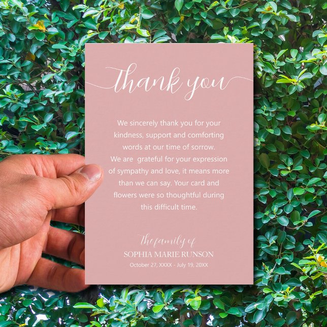 Snyggt, skriptfunktion tack kort (Simple pink funeral thank you cards are 3.5" x 5" or choose a different size)