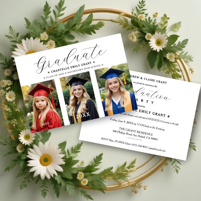 Snyggt Skripttypografi 3 Foton, tidslinje Inbjudningar (Stylish Script Typography Collage 3 Photos Timeline Graduation Invitation Card. )