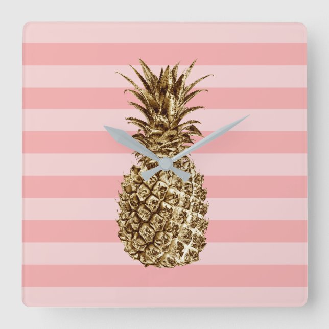Snyggt söt giftigt guld ananas och rosa rand fyrkantig klocka (Framsida)