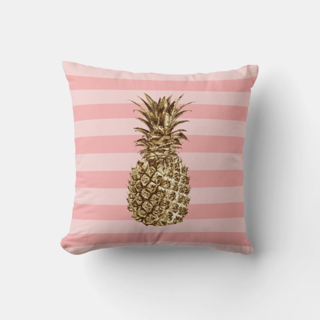 Snyggt söt giftigt guld ananas och rosa rand kudde (Framsida)