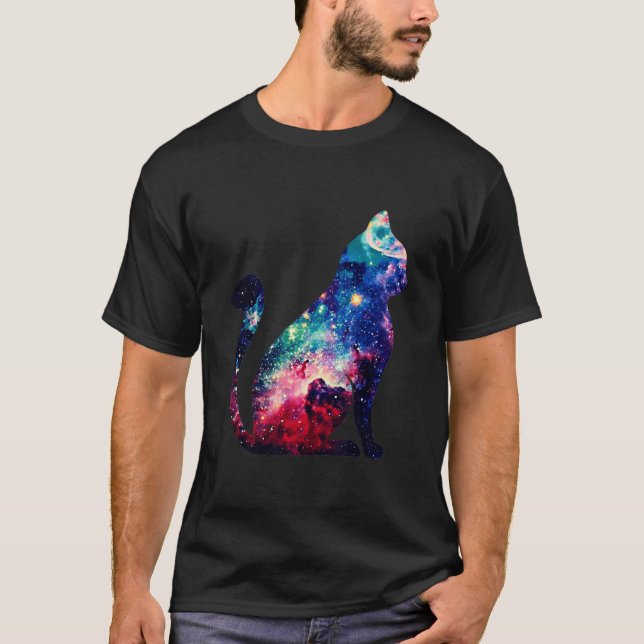 Snyggt Space Nebula Galaxy Cat Silhouette T-Shi T Shirt (Framsida)