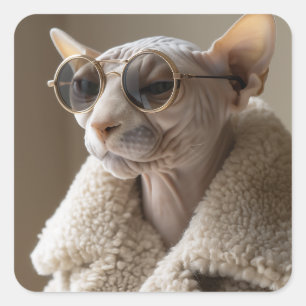 Snyggt Sphynx Cat i Sunglass och Sherpa Jackar Fyrkantigt Klistermärke