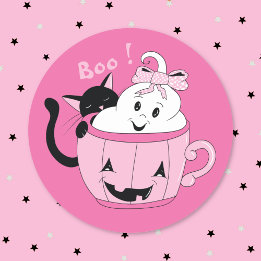 Snyggt spöklik svart katt rosa Halloween-dekal Runt Klistermärke
