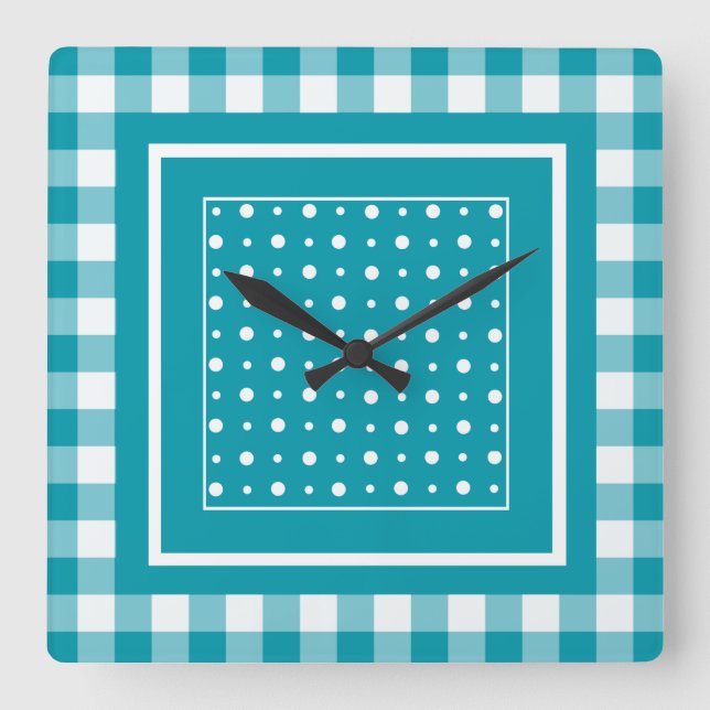 Snyggt Square Wall Clock, Teal Check Gingham Fyrkantig Klocka (Framsida)