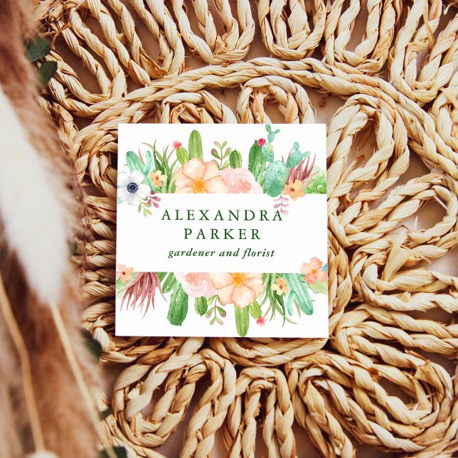 Snyggt Succulärblommor med vattenfärg Fyrkantigt Visitkort (Skapare uppladdad)