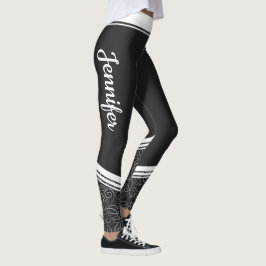Snyggt svart blommigt vit rand och namn modern leggings