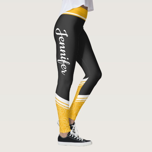 Snyggt svart gult blommigt vit rand och namn leggings (Höger)