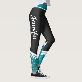 Snyggt svart och blått blommigt vitt namn leggings