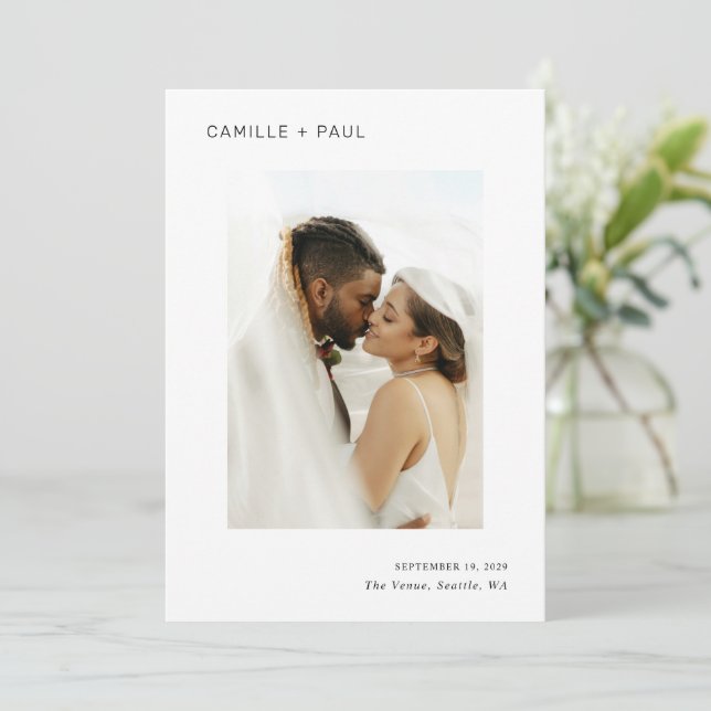 Snyggt, svart och vitt foto-minimalistiskt Bröllop Spara Datumet (Stående Fram)