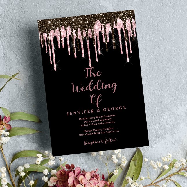 Snyggt svart ro guld-droppar i glitter i bröllop inbjudningar (Stylish black rose gold glitter drips wedding)