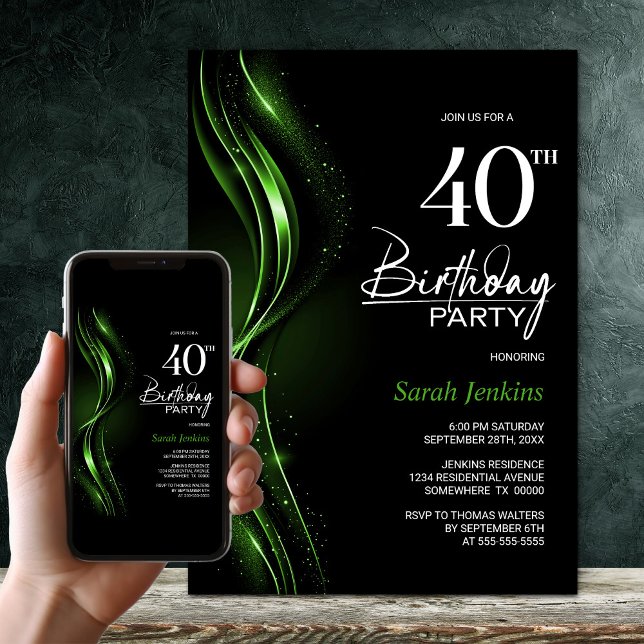 Snyggt Svarta och Grönt 40:e födelsedag Party Inbjudningar (Skapare uppladdad)