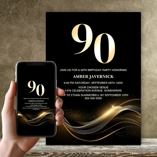 Snyggt Svarta och Guld 90:e Födelsedagsfest Inbjudningar (Skapare uppladdad)