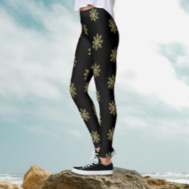 Snyggt Svarta och Guld Glitter Snöflake Mönster Leggings