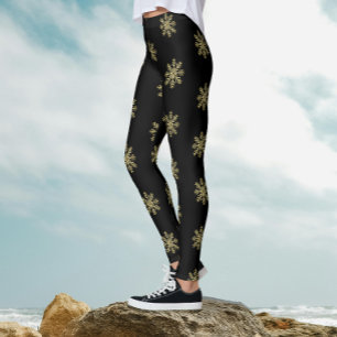 Snyggt Svarta och Guld Glitter Snöflake Mönster Leggings
