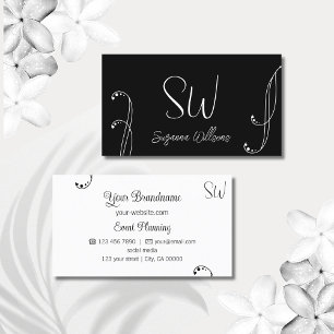 Snyggt Svartvit Chic Ornate med Monogram Visitkort
