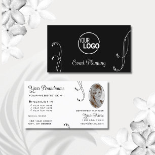 Snyggt Svartvit Ornate med Logotyp och foto Visitkort