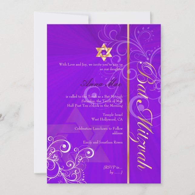 Snyggt Swirls Bat mitzvah/indigo/guld Inbjudningar (Framsida)
