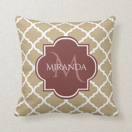 Snyggt Tan Quatrefoil Burgundy Monogram och Namn Kudde
