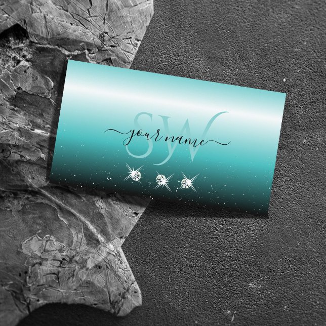 Snyggt Teal Black Ombre Gnistra Diamonds Initialer Visitkort (Skapare uppladdad)