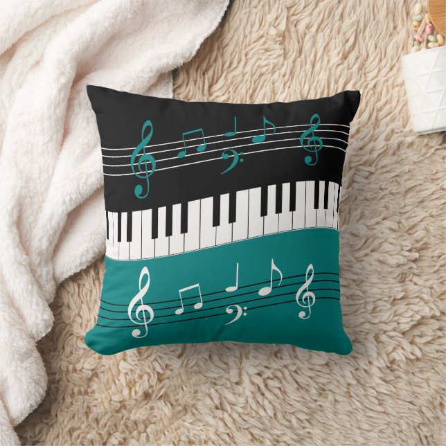 Snyggt Teal Black White Piano Nycklar och Notes Kudde (Filt)