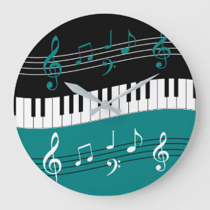 Snyggt Teal Black White Piano Nycklar och Notes Stor Klocka