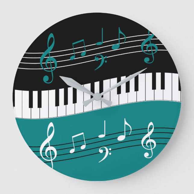 Snyggt Teal Black White Piano Nycklar och Notes Stor Klocka (Framsida)