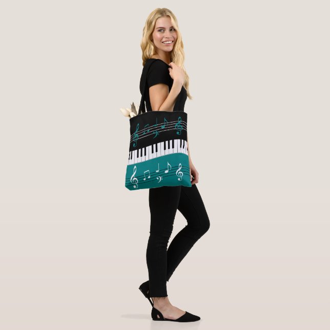 Snyggt Teal Black White Piano Nycklar och Notes Tygkasse (På modell)