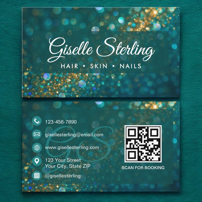 Snyggt Teal Blue Guld Glitter QR Code Luxury Visitkort (Skapare uppladdad)