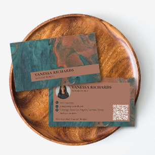 Snyggt Teal & Copper Swirl QR-kod Foto Notary Visitkort