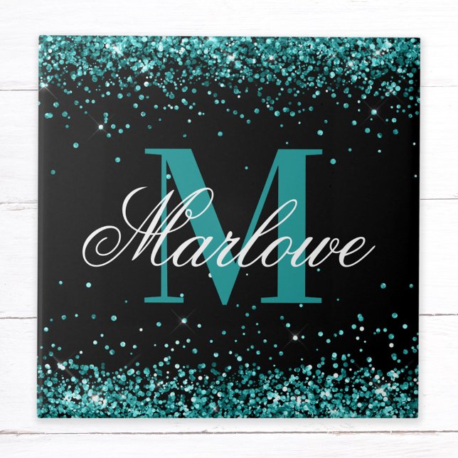 Snyggt Teal Glitter Black White Monogram Kakelplatta (Skapare uppladdad)