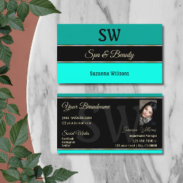 Snyggt Teal Gräns on Black Monogram och Photo Visitkort