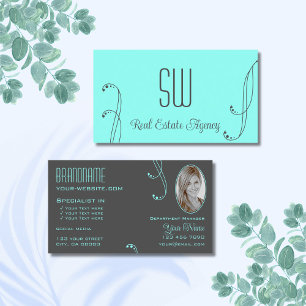 Snyggt Teal Grått Ornate med Monogram och Photo Visitkort