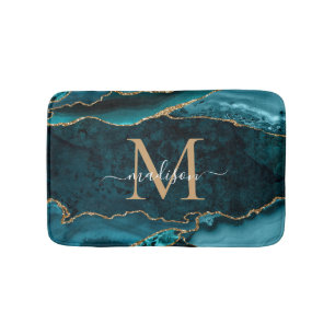 Snyggt Teal Grönt Guld Agate Geode Chic Monogram Badrumsmatta