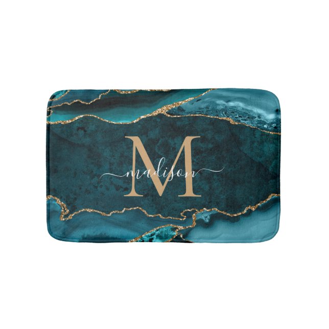 Snyggt Teal Grönt Guld Agate Geode Chic Monogram Badrumsmatta (Framsidan)
