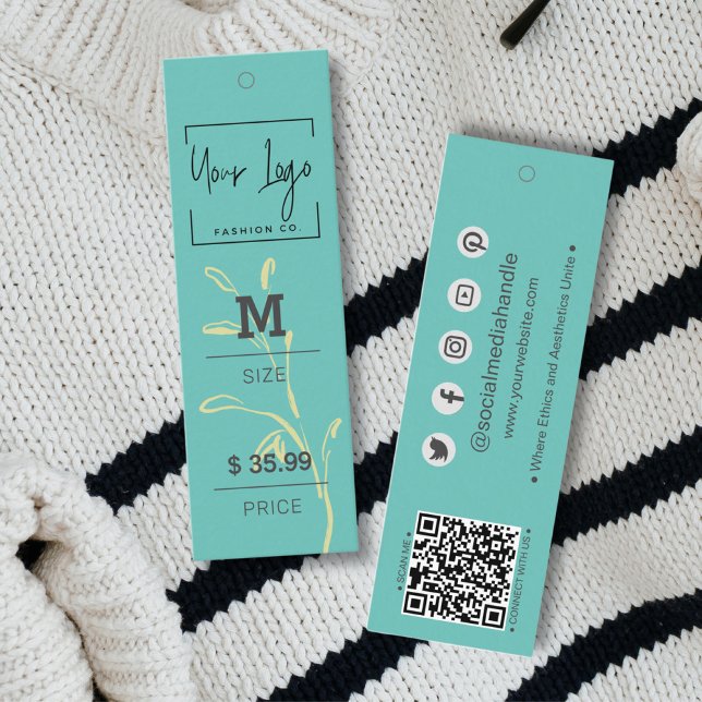 Snyggt Teal Grönt Löv QR Mode Prisa Märkre (Stylish Teal Green Leaf QR Fashion Price Tags)