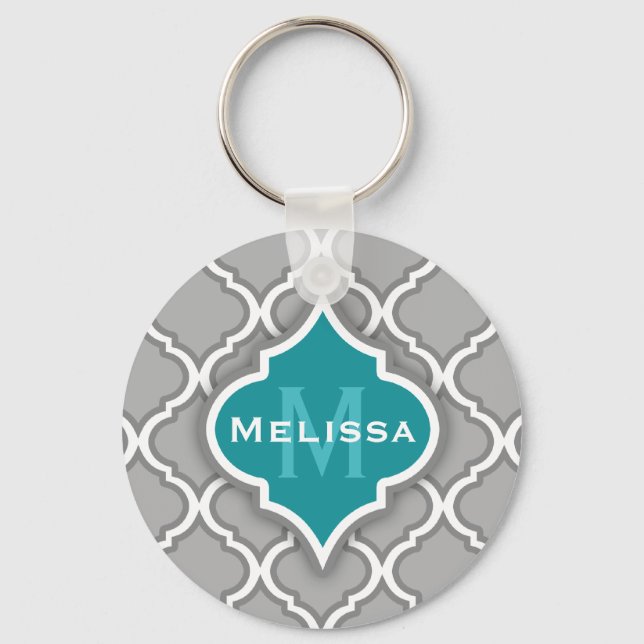 Snyggt Teal och Grått Moroccan Tile Mönster Nyckelring (Framsida)