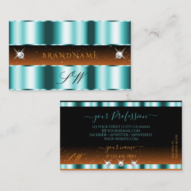 Snyggt Teal Orange Black Gnistra Jewels Monogram Visitkort (Fram/baksida)